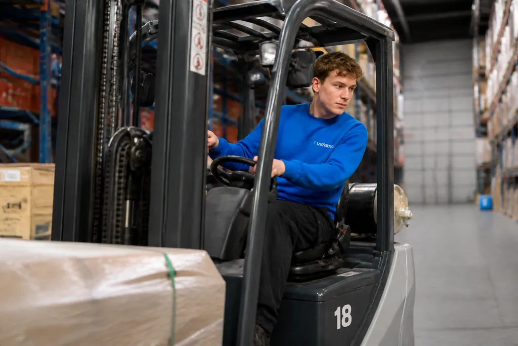 Heftruckchauffeur verplaatst een pallet in het distributiecentrum