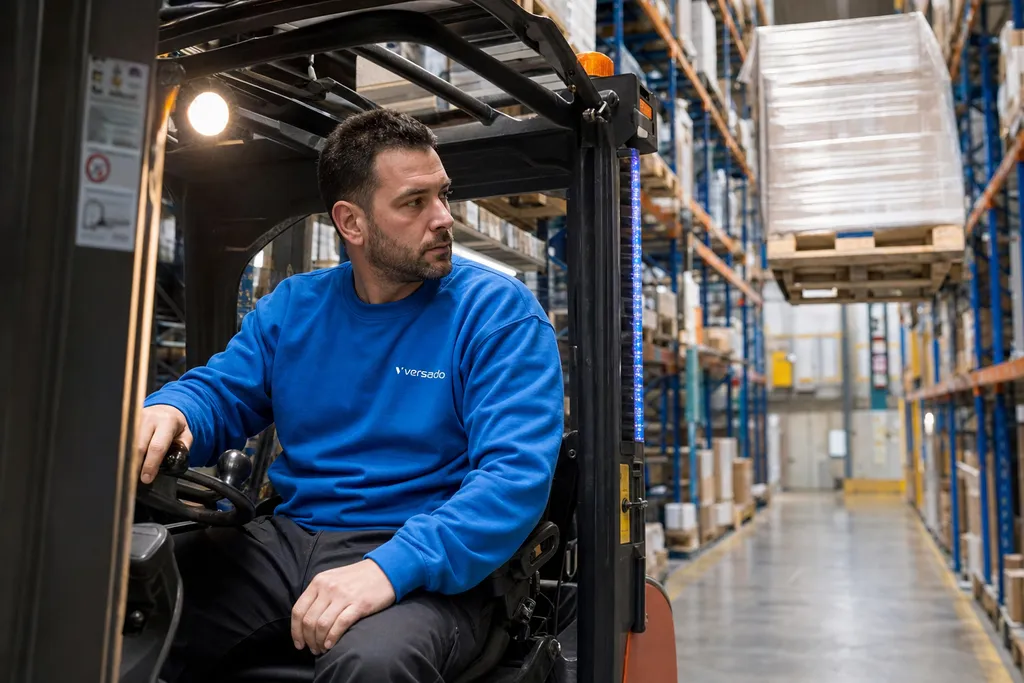 Heftruckchauffeur aan het werk tussen de stellingen in het magazijn