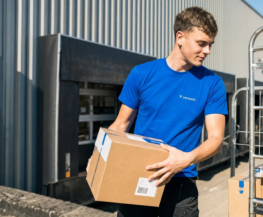 Magazijnmedewerker stapelt dozen op een rolcontainer bij het laadperron in de zon