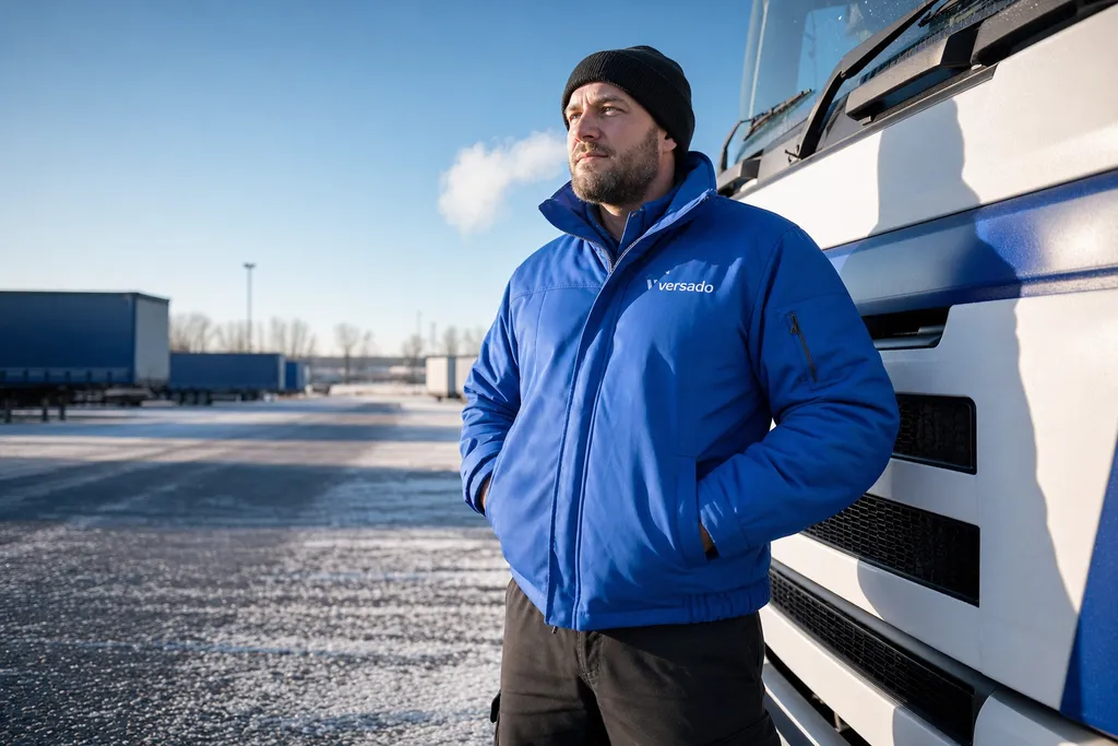 Chauffeur in winterjas naast zijn vrachtwagen op een heldere, vrieskoude ochtend
